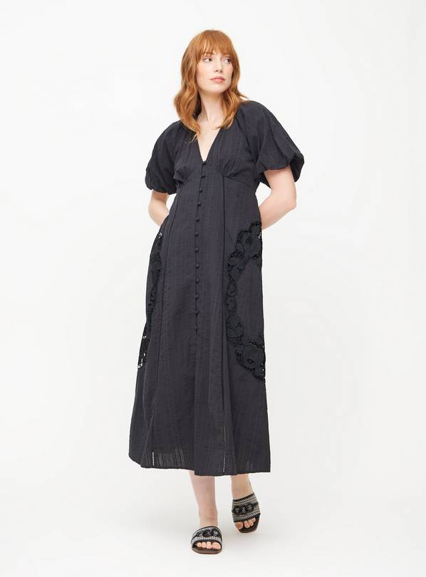 Black Broderie Puff Sleeve Midi Dress 14