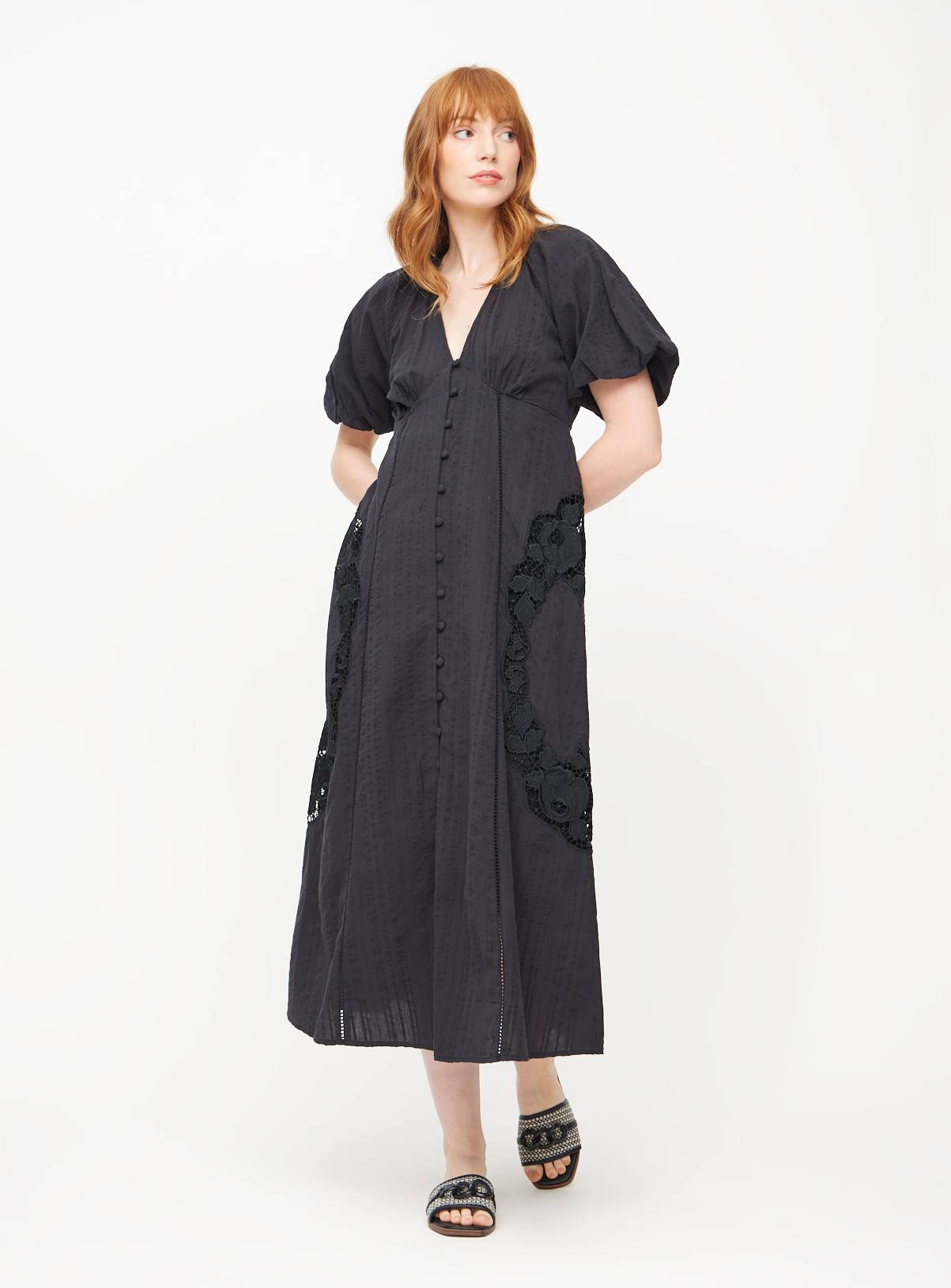 Black Broderie Puff Sleeve Midi Dress 6 - Image 1