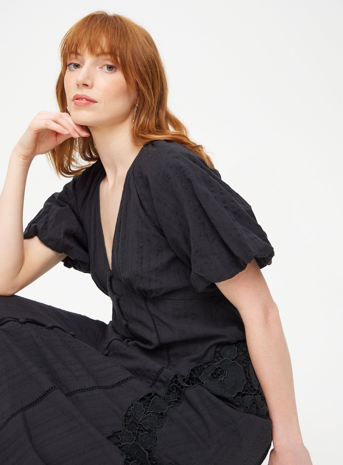 Black Broderie Puff Sleeve Midi Dress 6 - Image 2 thumbnail