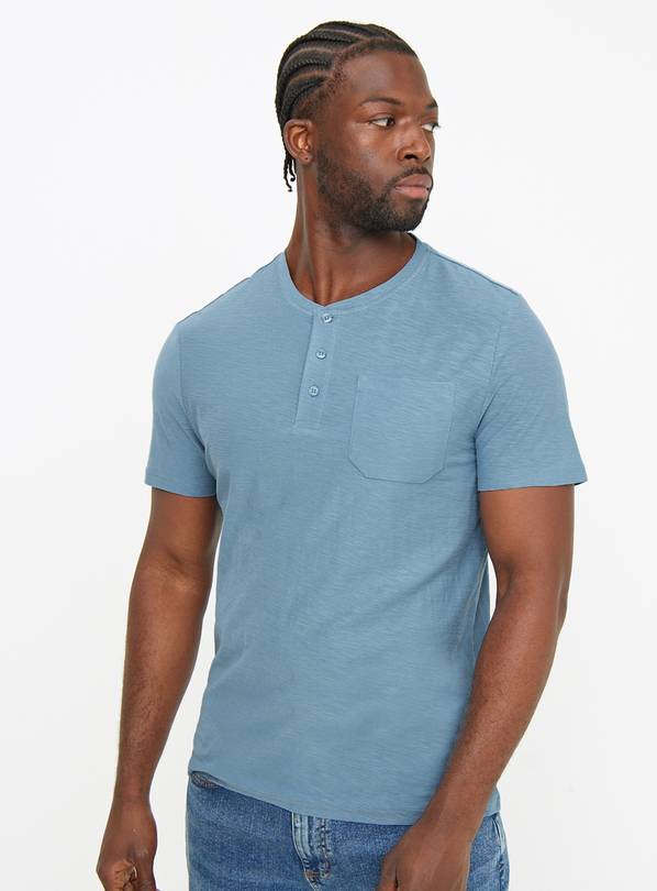 Blue Textured Henley T-Shirt M