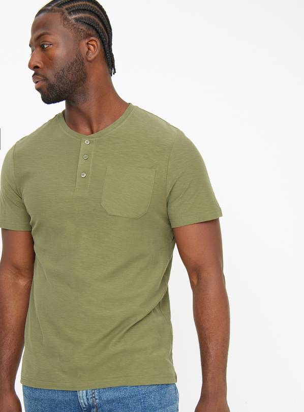 Khaki Textured Henley T-Shirt XXXL