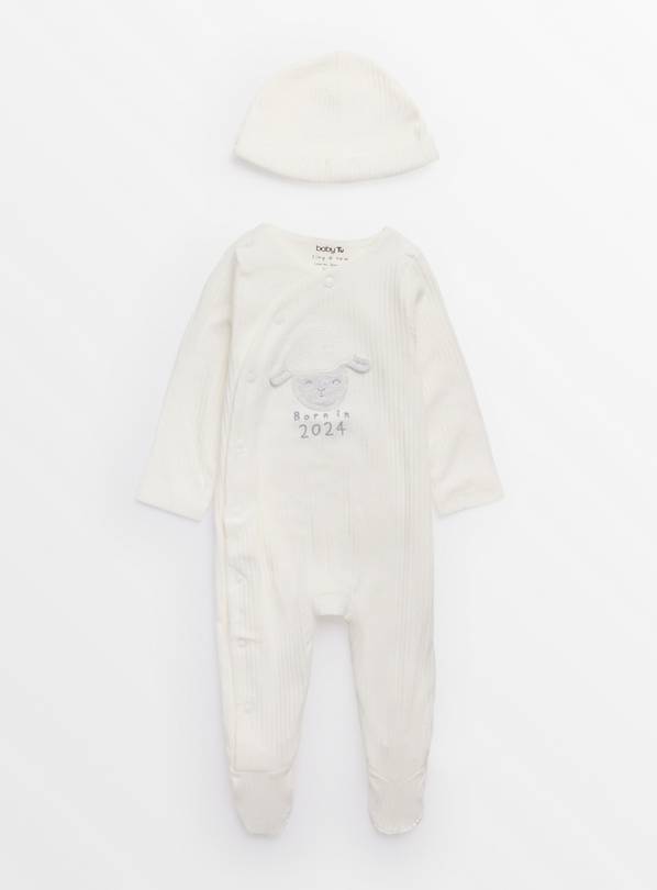 Born In 2024 Lamb Print Sleepsuit & Hat Set 3-6 months
