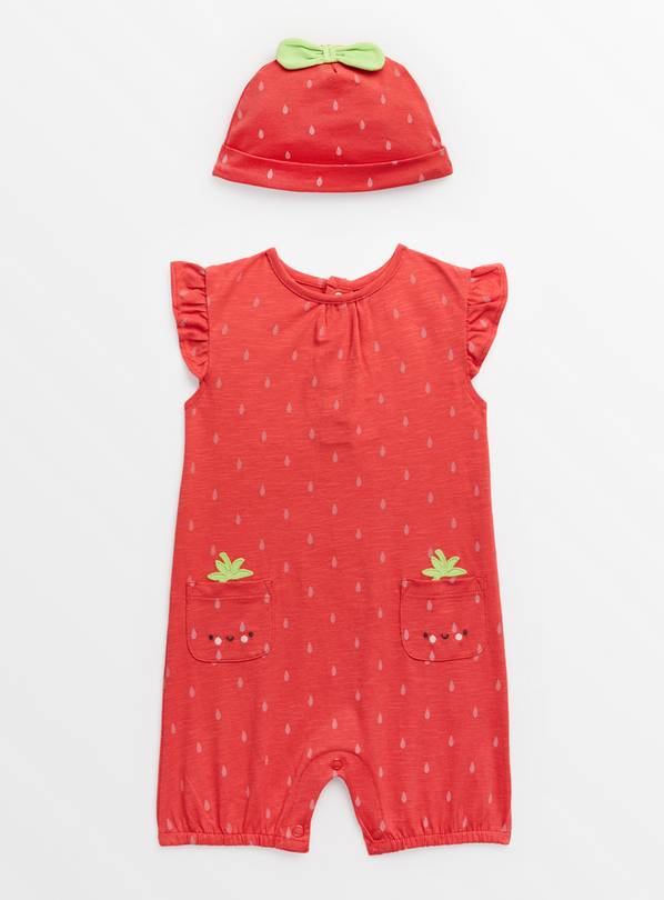 Red Strawberry Print Romper & Hat Set  Up to 1 mth