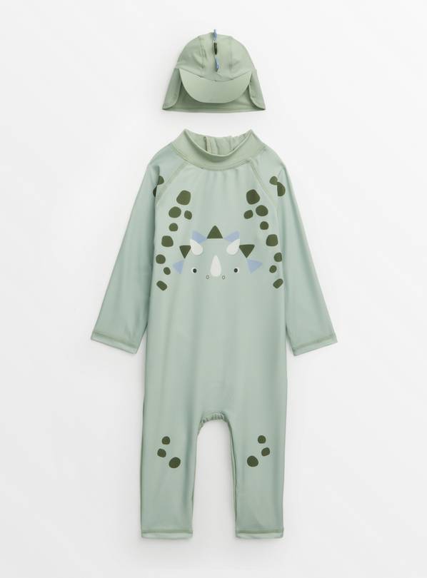 Green Dinosaur Long Leg Swimsuit & Keppi Hat 18-24 months