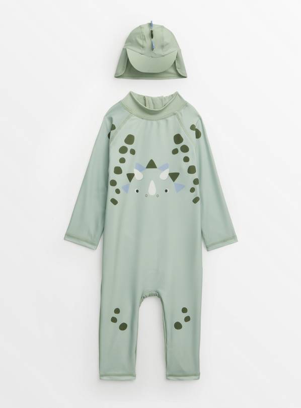 Green Dinosaur Long Leg Swimsuit & Keppi Hat 9-12 months