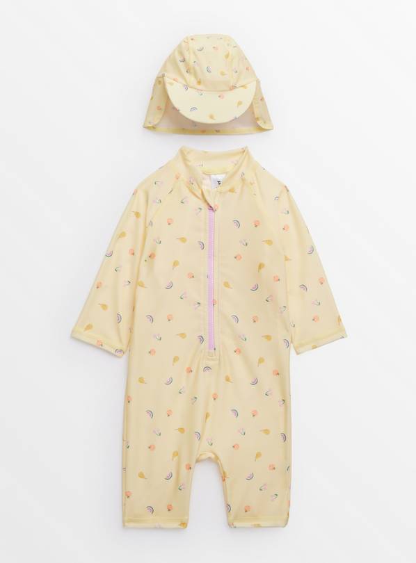 Yellow Fruit Print Swimsuit & Keppi Hat Set 3-6 months