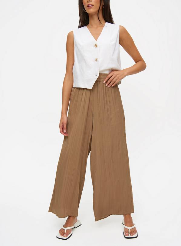 Neutral Pleated Satin Wide Leg Trousers  18