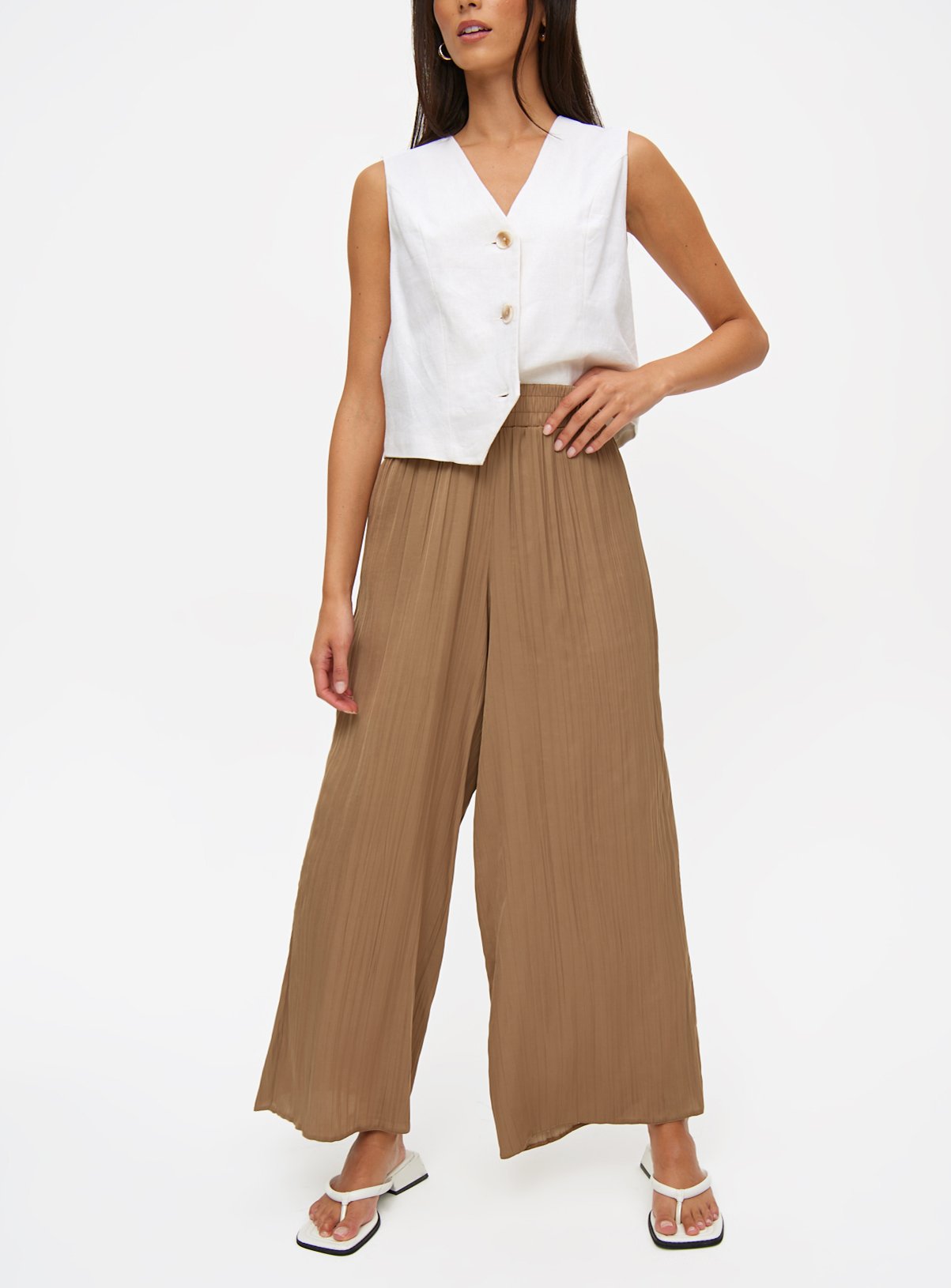 Neutral Pleated Satin Wide Leg Trousers  16 - Image 1 thumbnail