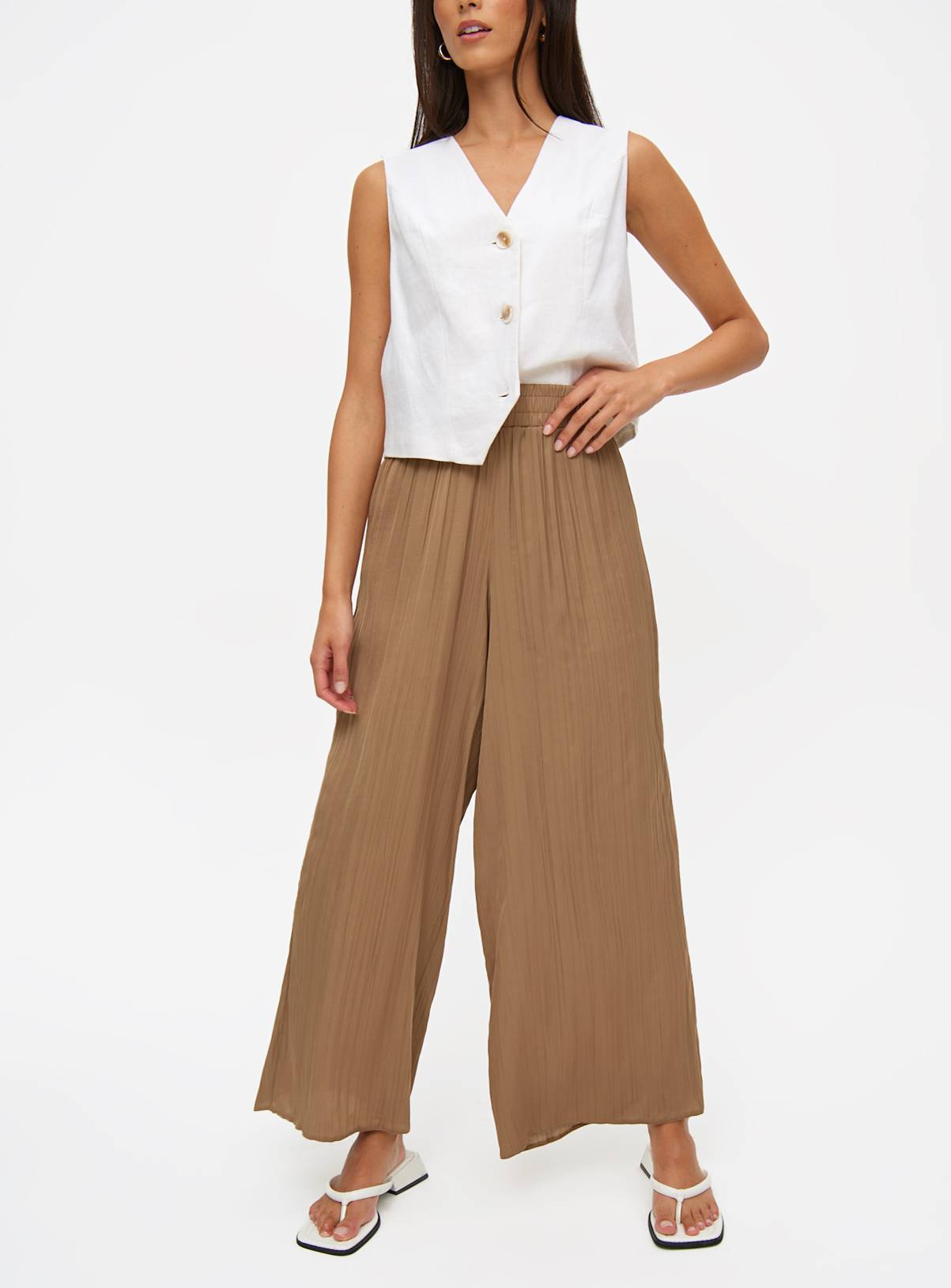Neutral Pleated Satin Wide Leg Trousers  16 - Image 1
