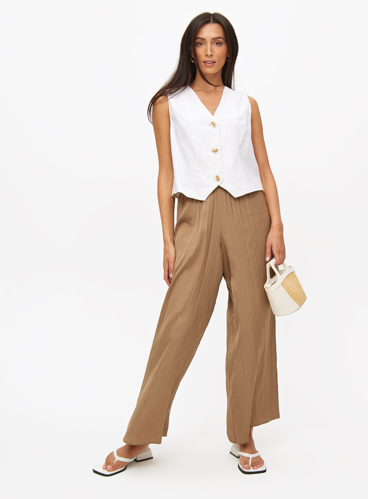 Neutral Pleated Satin Wide Leg Trousers  16 - Image 3 thumbnail