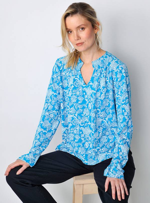 BURGS Holywell Womens V-Neck Ls Blouse With Shirring Detail - Blue 14