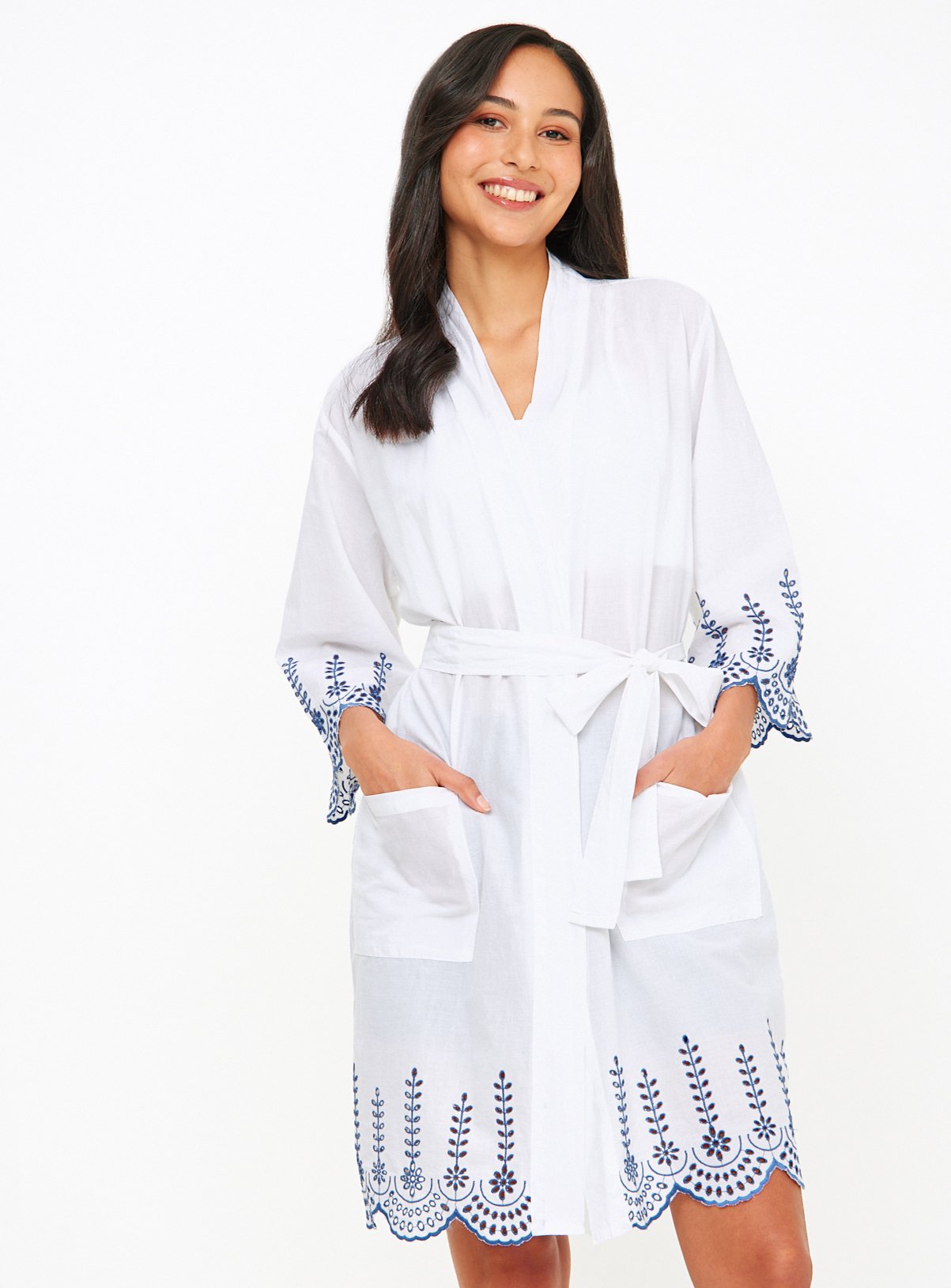 White Broderie Hem Cotton Dressing Robe XL