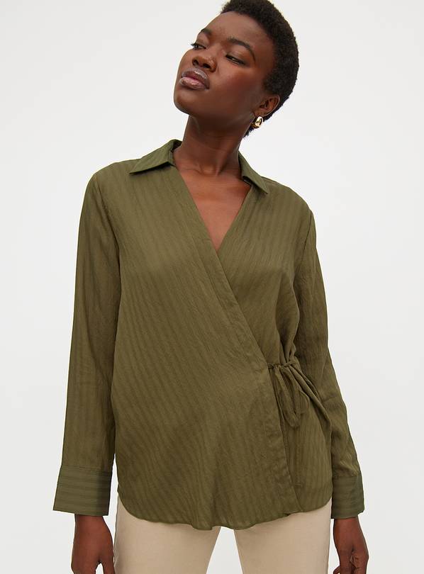 Khaki Wrap Tie Front Long Sleeve Shirt 18