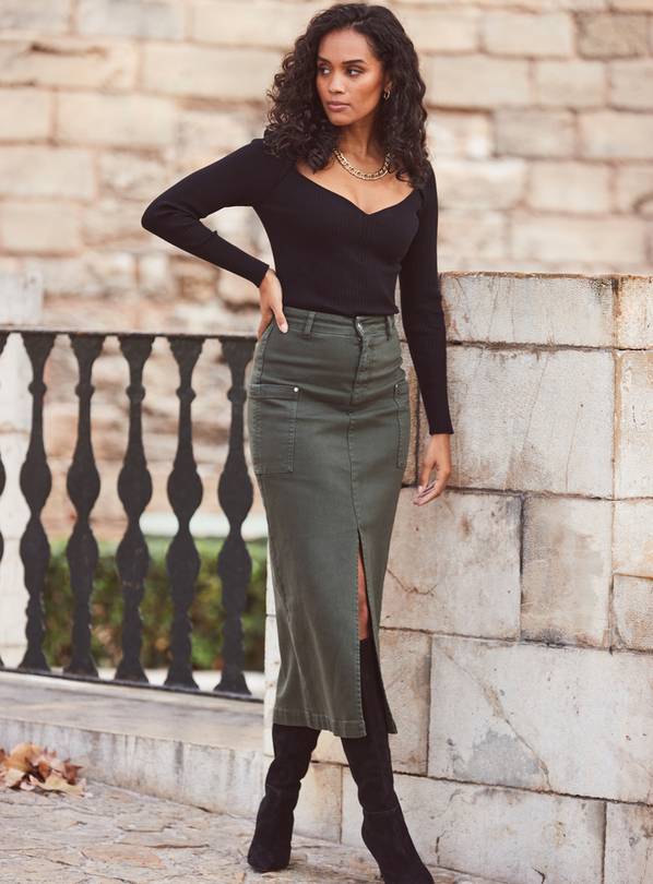 Long khaki denim clearance skirt