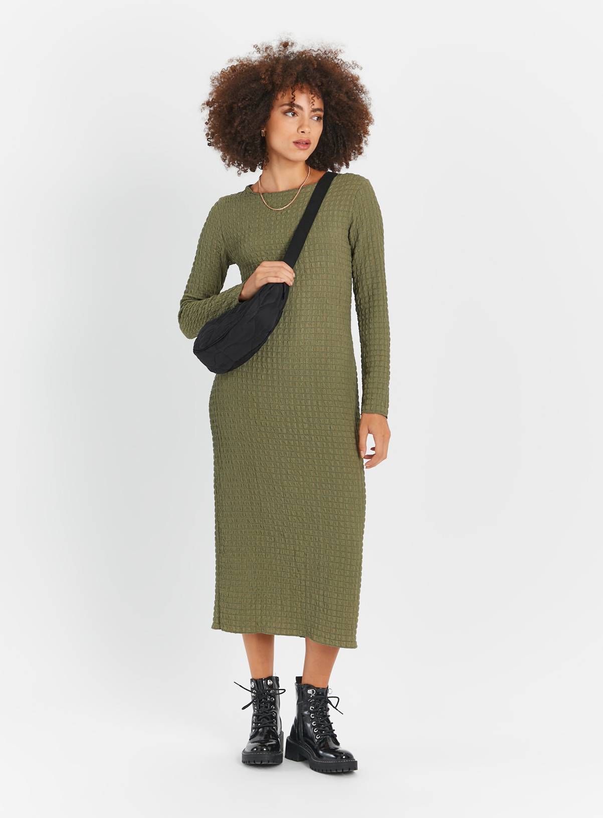 Khaki Bubble Textured Column Dress 16 - Image 1