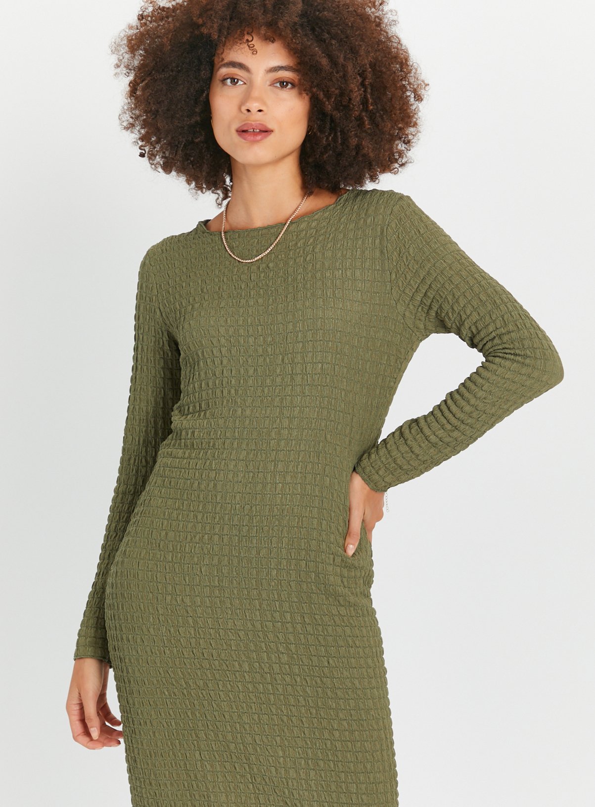 Khaki Bubble Textured Column Dress 16 - Image 2 thumbnail