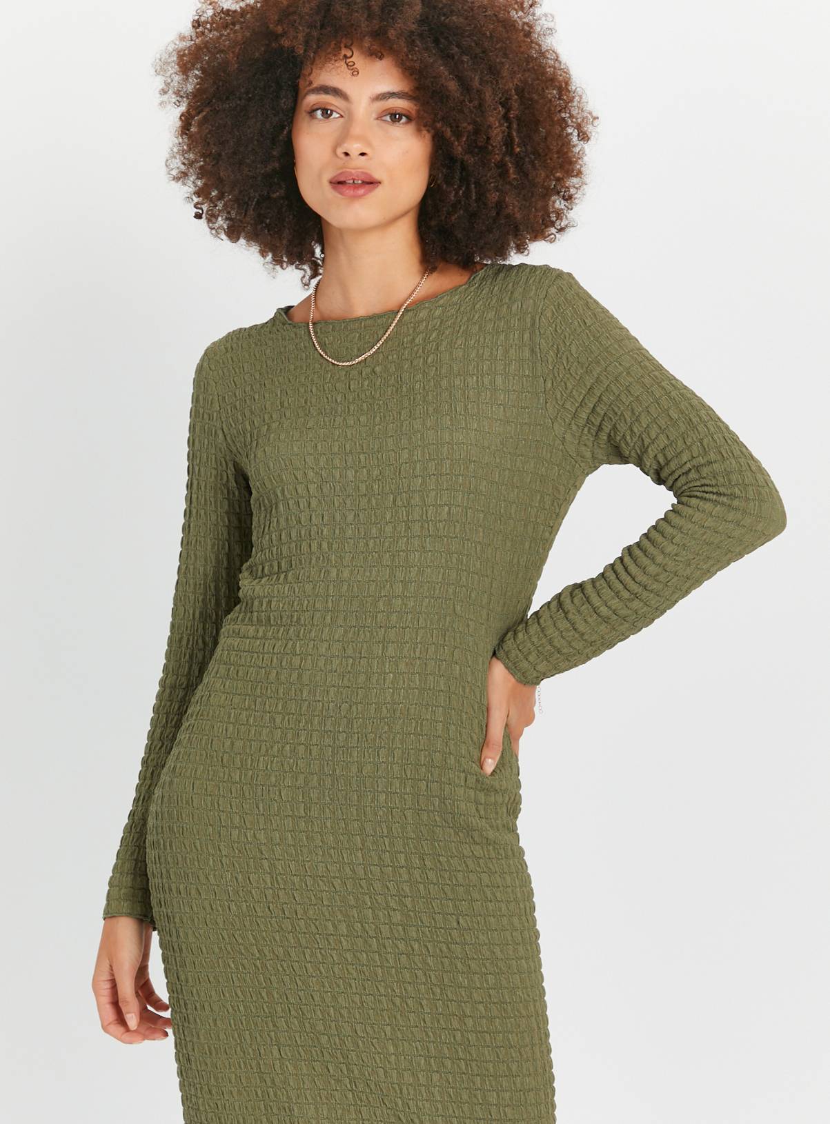 Khaki Bubble Textured Column Dress 16 - Image 2