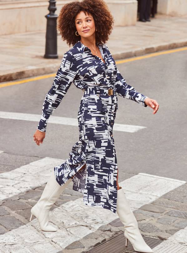 Little Mistress 3/4 sleeve printed belted midi dress with lace