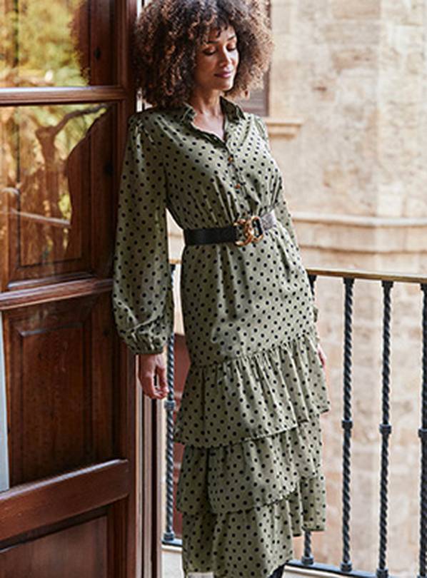 Buy SOSANDAR Khaki Spot Tiered Hem Shirt Dress 8, Dresses