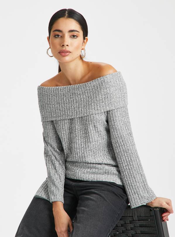 Grey Ribbed Soft Touch Bardot Top  18