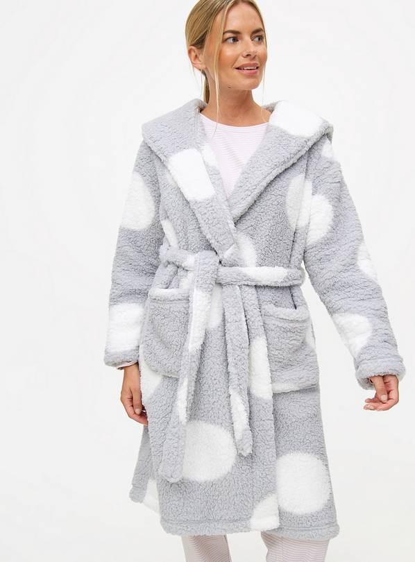 Grey Spot Print Borg Fleece Dressing Gown M