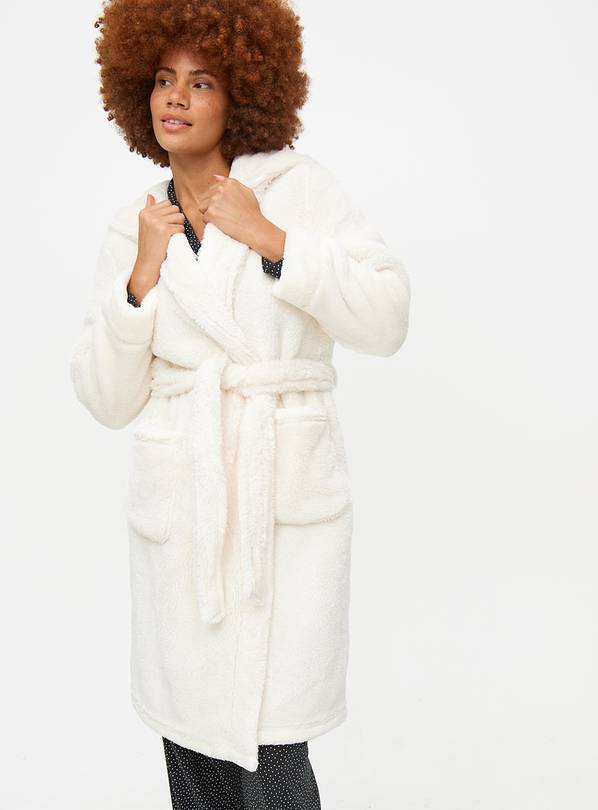 Cream Fleece Hooded Fluffy Dressing Gown L