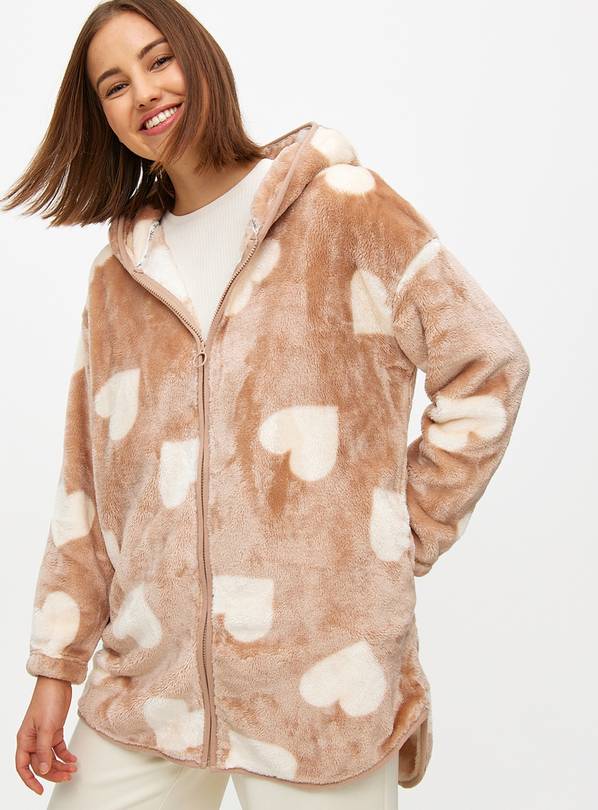 Neutral Heart Print Zip Through Hooded Blanket. XL