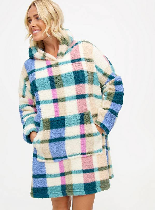 Bright Check Printed Borg Fleece Hooded Blanket L