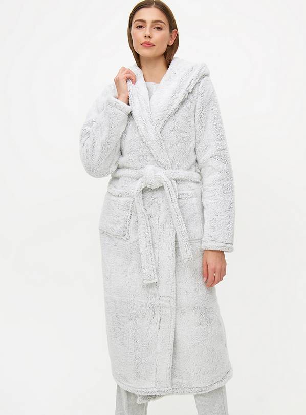 Light Grey Faux Tipped Fur Hooded Dressing Gown L