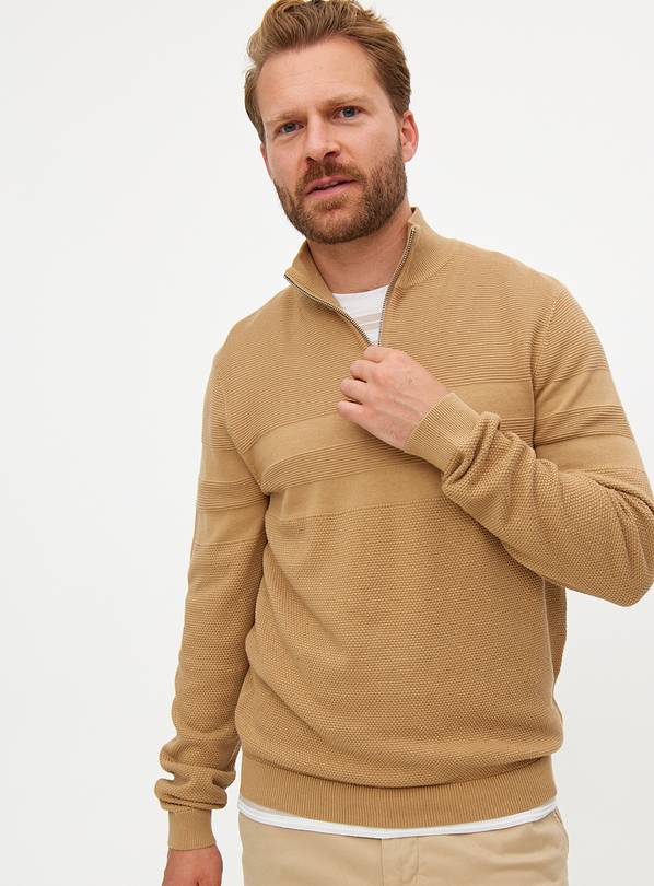 Beige Textured Block Quarter Zip Jumper  XXXL