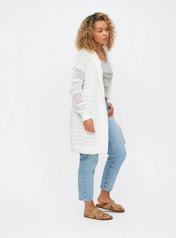 White Pointelle Shawl-Neck Longline Cardigan 10