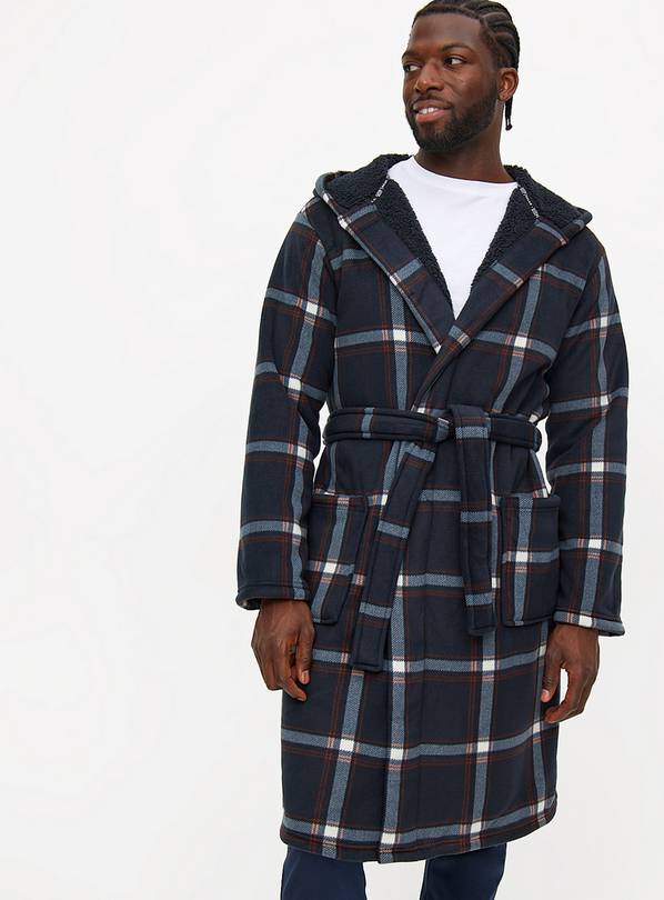 Navy Bonded Borg Checked Dressing Gown S