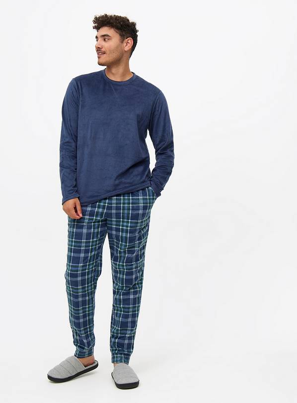 Navy Blue Check Fleece Pyjamas S