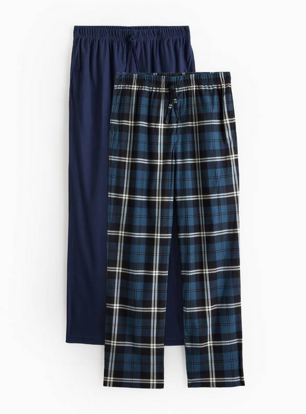 Navy Check & Plain Fleece Pyjama Bottoms 2 Pack S