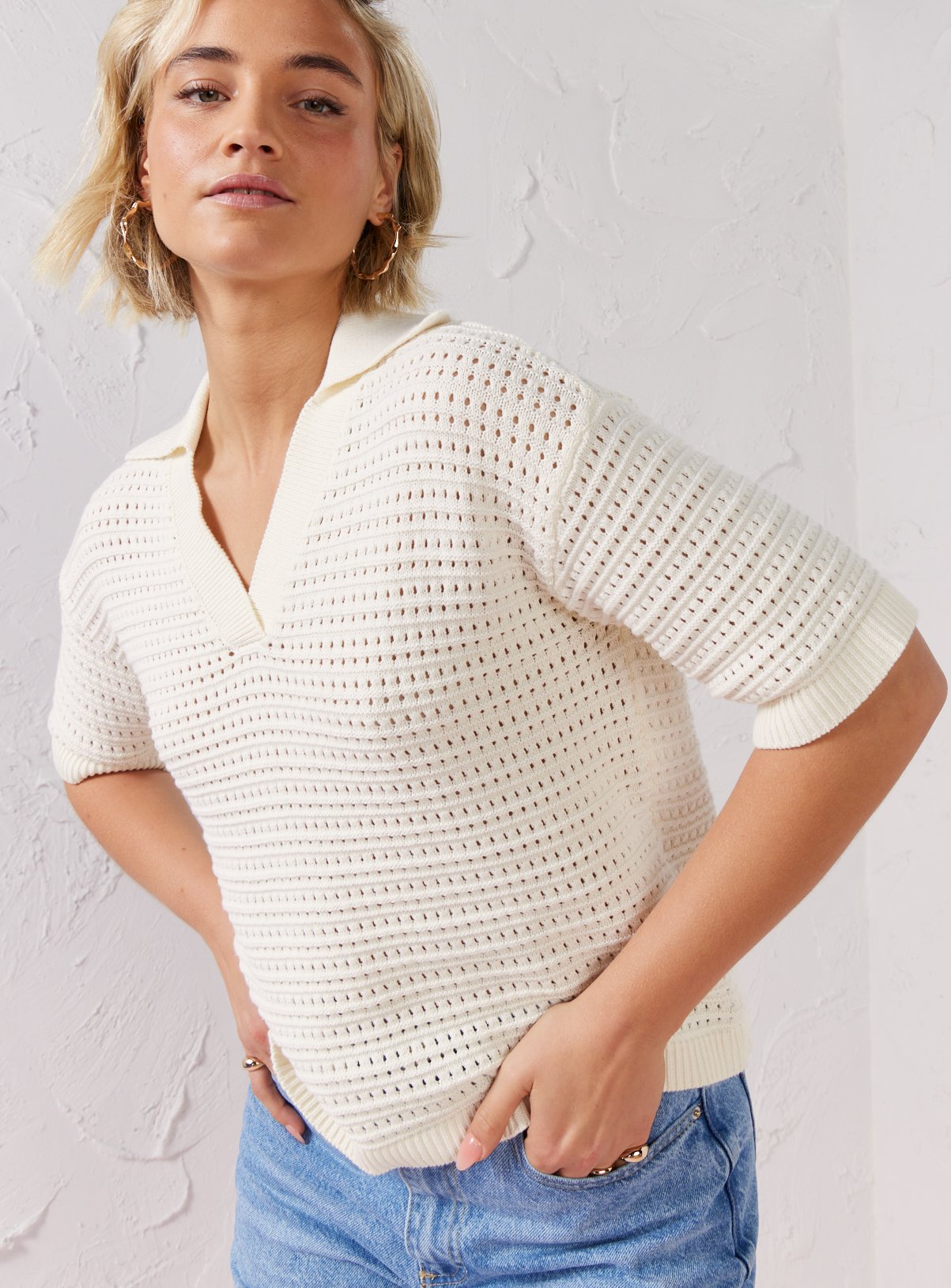 EVERBELLE Cream Open Stitch Polo Knitted Top M - Image 1 thumbnail