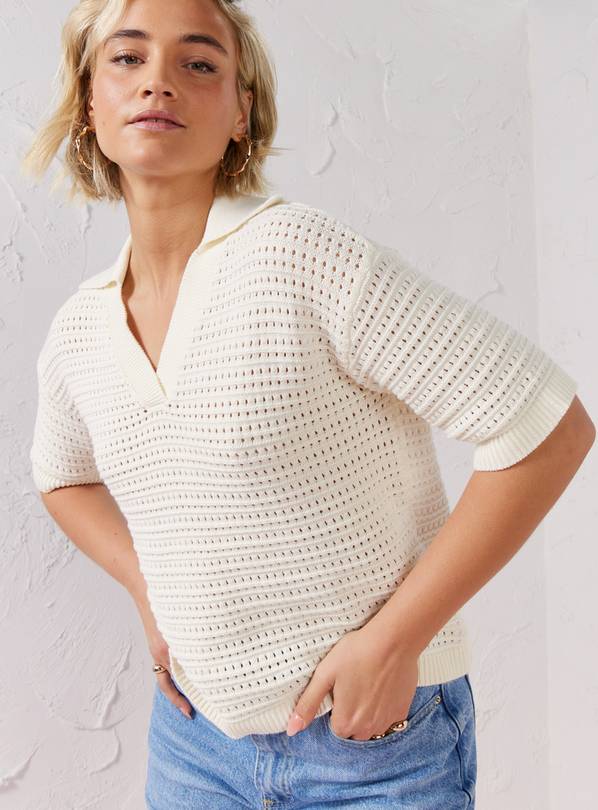 EVERBELLE Cream Open Stitch Polo Knitted Top XS