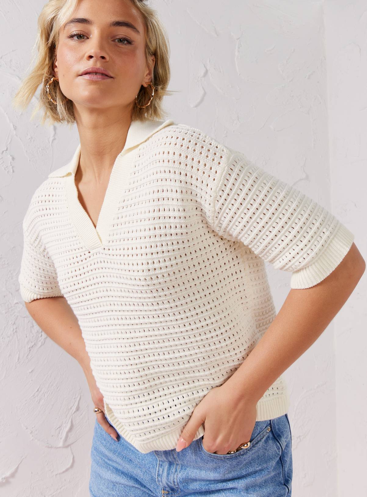 EVERBELLE Cream Open Stitch Polo Knitted Top M - Image 1