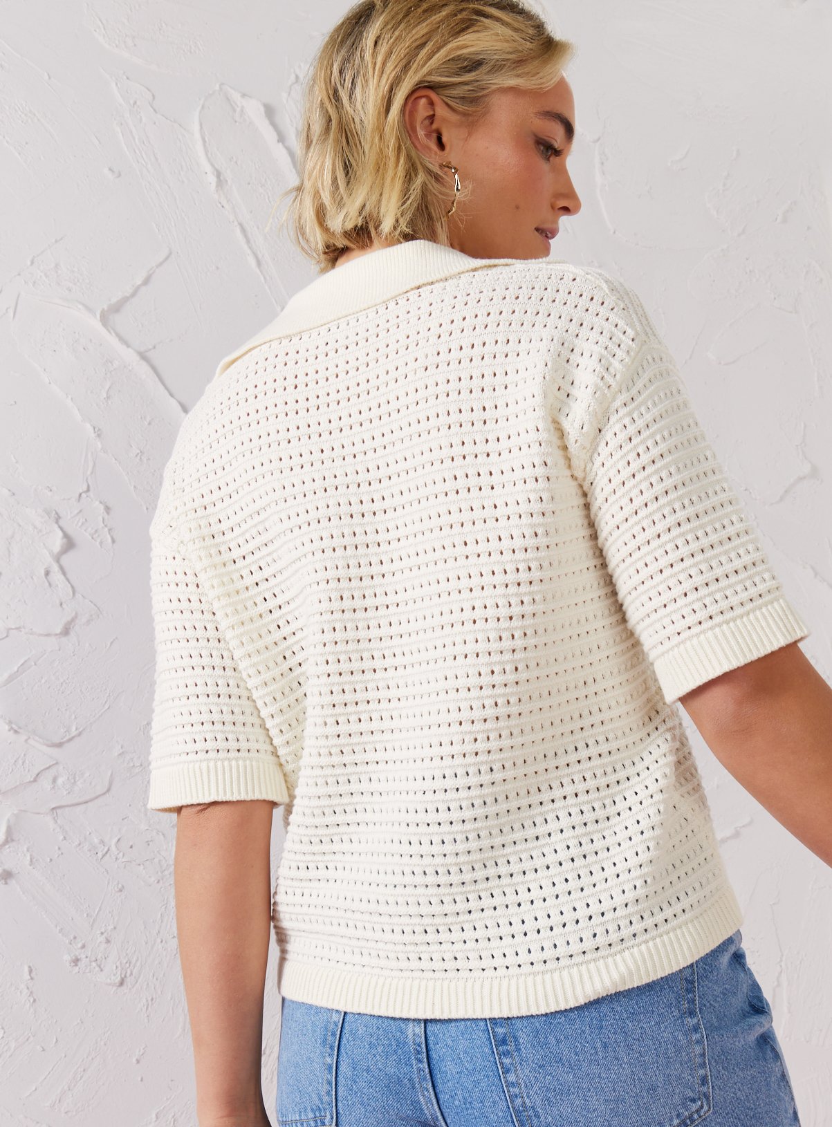 EVERBELLE Cream Open Stitch Polo Knitted Top M - Image 4 thumbnail