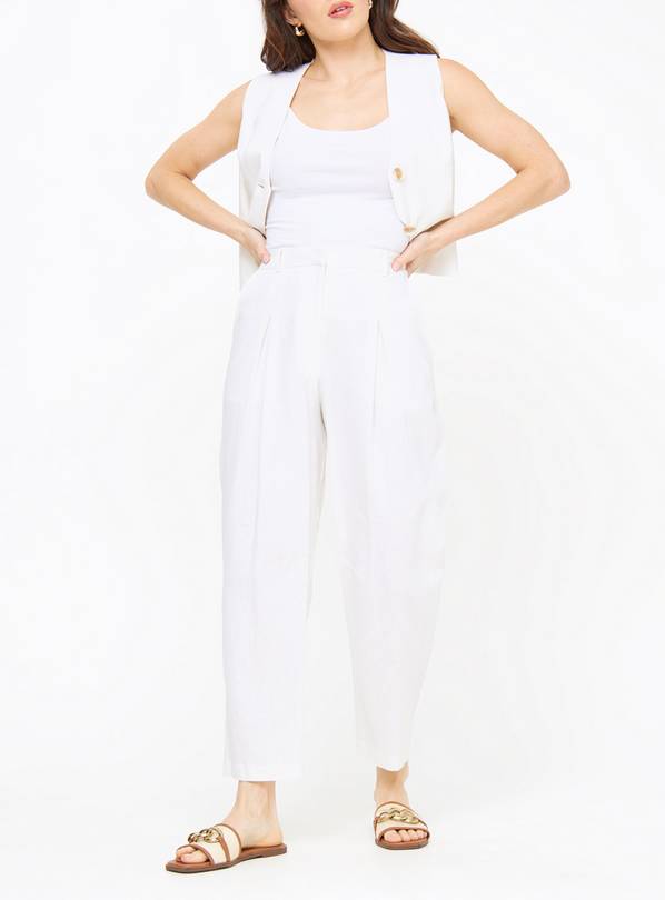 White Linen Blend Barrel Leg Trousers  14S
