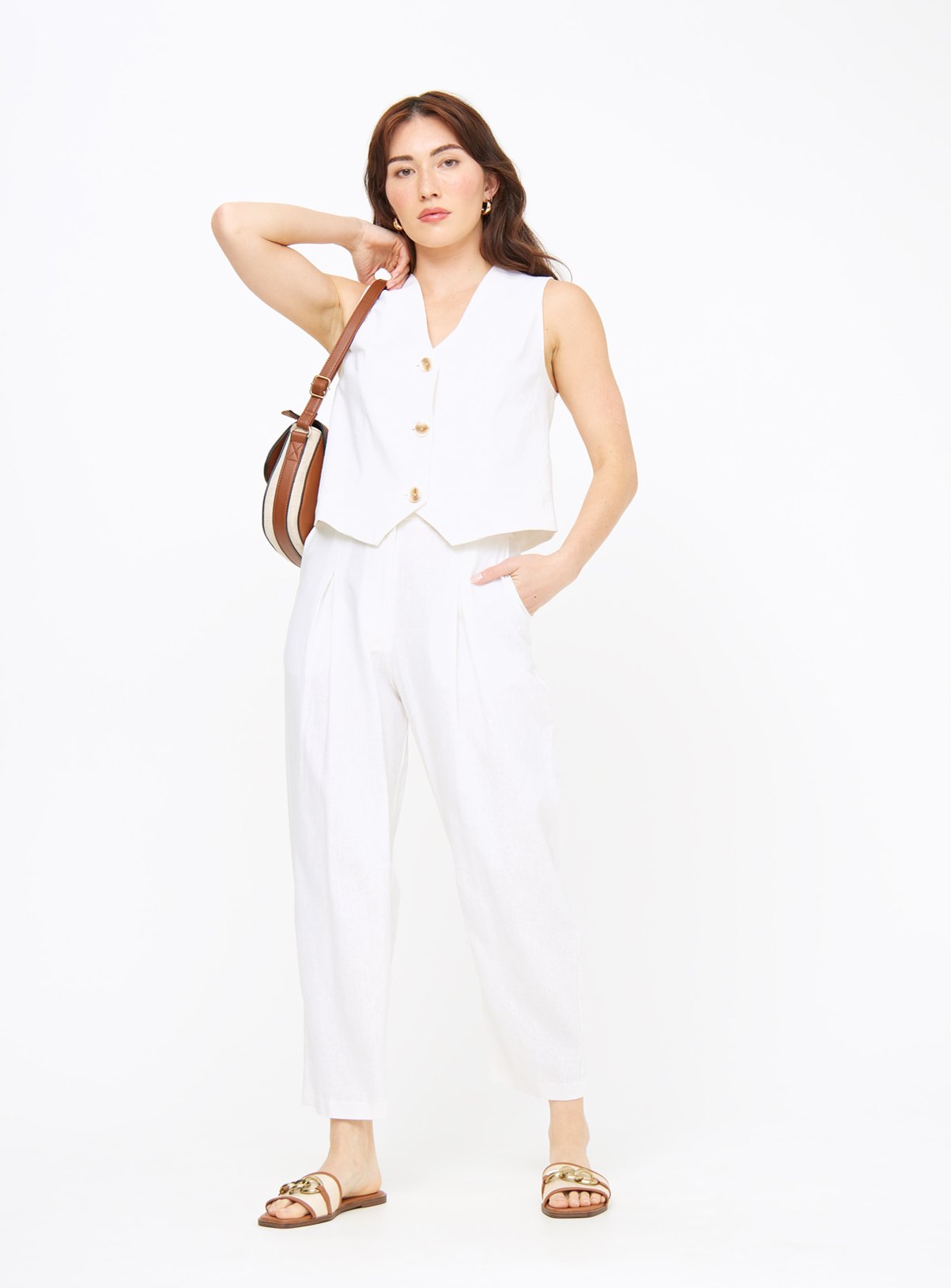 White Linen Blend Barrel Leg Trousers  14S - Image 2 thumbnail
