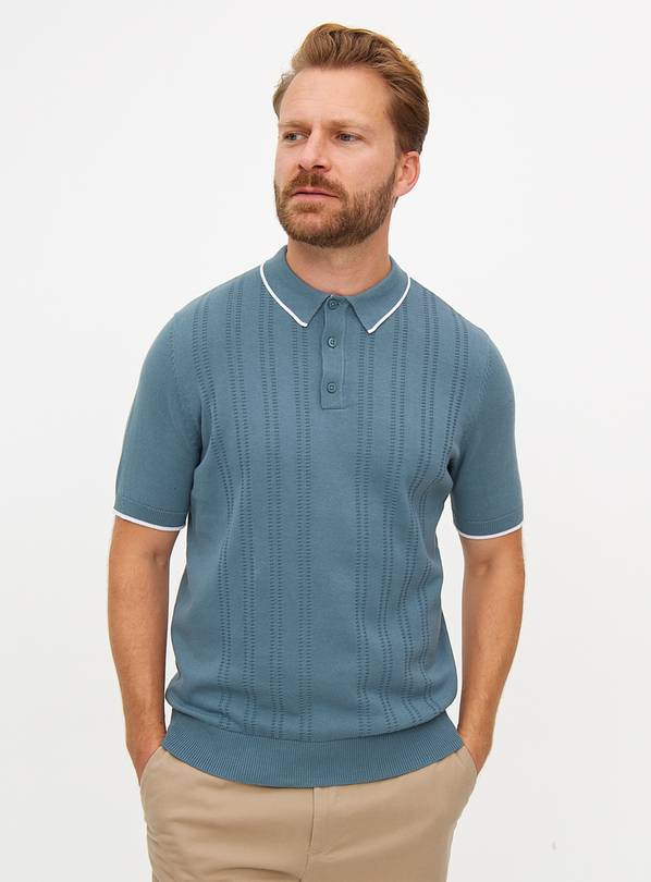 Blue Textured Stripe Knitted Polo Shirt XXL