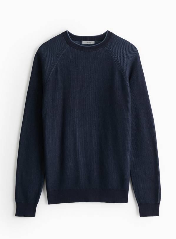 Navy Blue Plaited Crew Neck Jumper  L