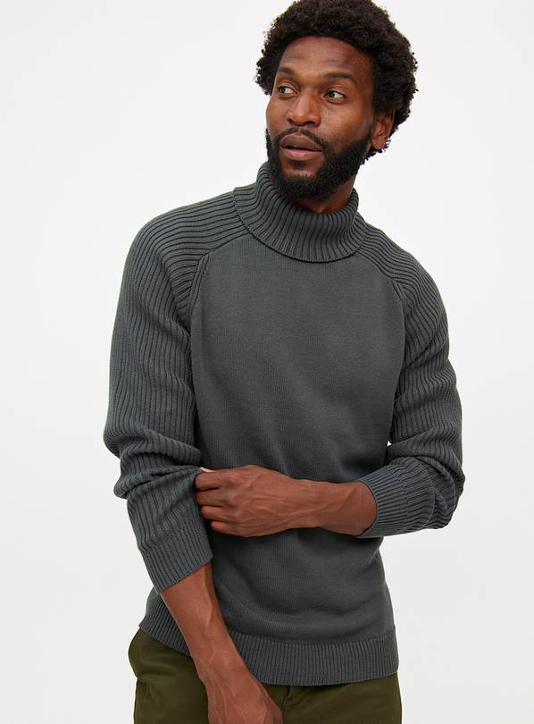 Charcoal Roll Neck Ribbed Sleeve Jumper M