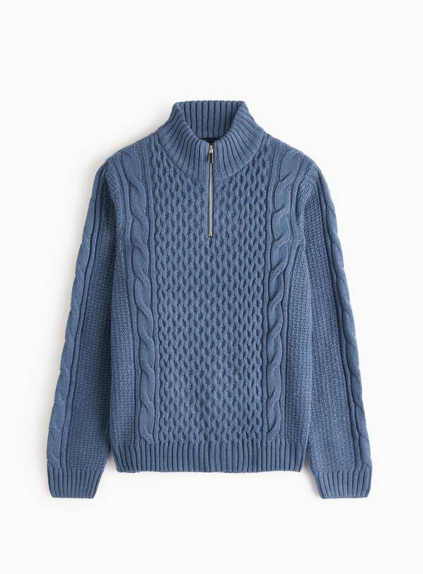 Blue Cable Knit Half-Zip Jumper L