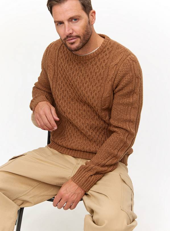 Tan Cable Knit Crew Neck Jumper M