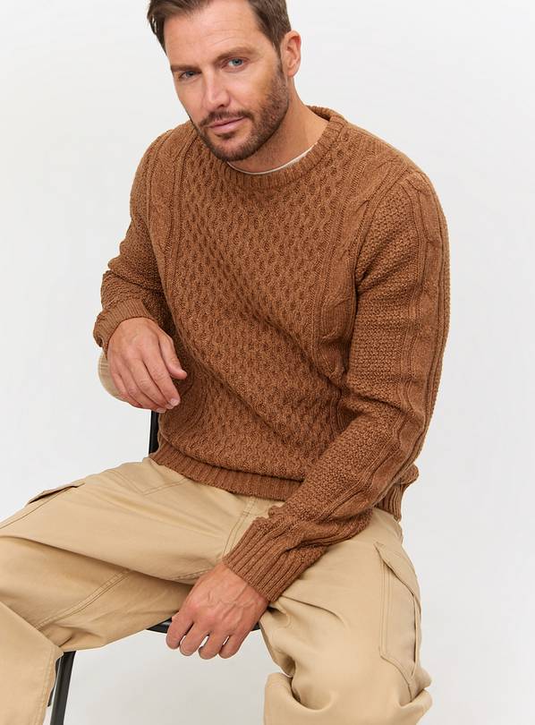 Tan Cable Knit Crew Neck Jumper XXXL