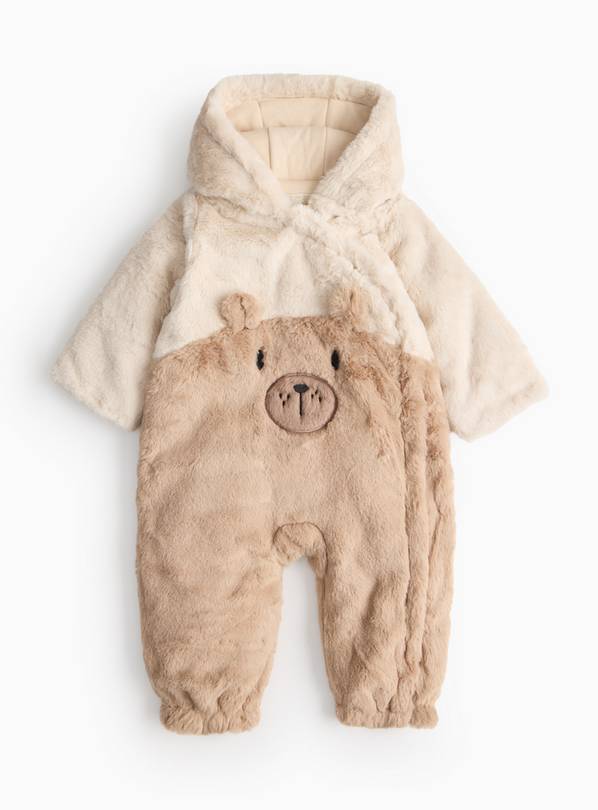 Beige Bear Print Fluffy Pramsuit 3-6 months