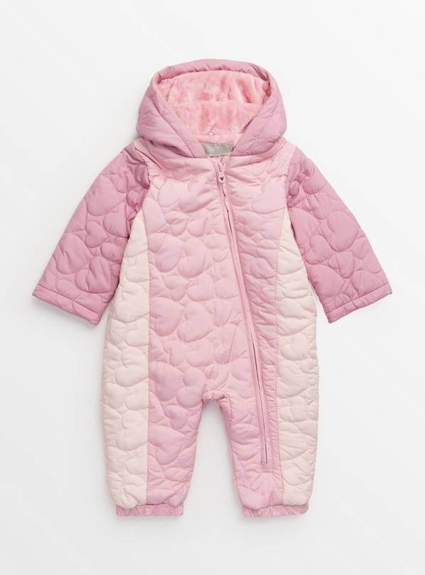 Pink Heart Print Quilted Fleece Lined Pramsuit 3-6 months