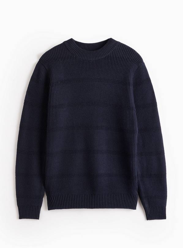 Navy Textured Crew Neck Jumper L