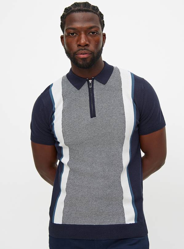 Navy & White Vertical Stripe Polo Shirt L